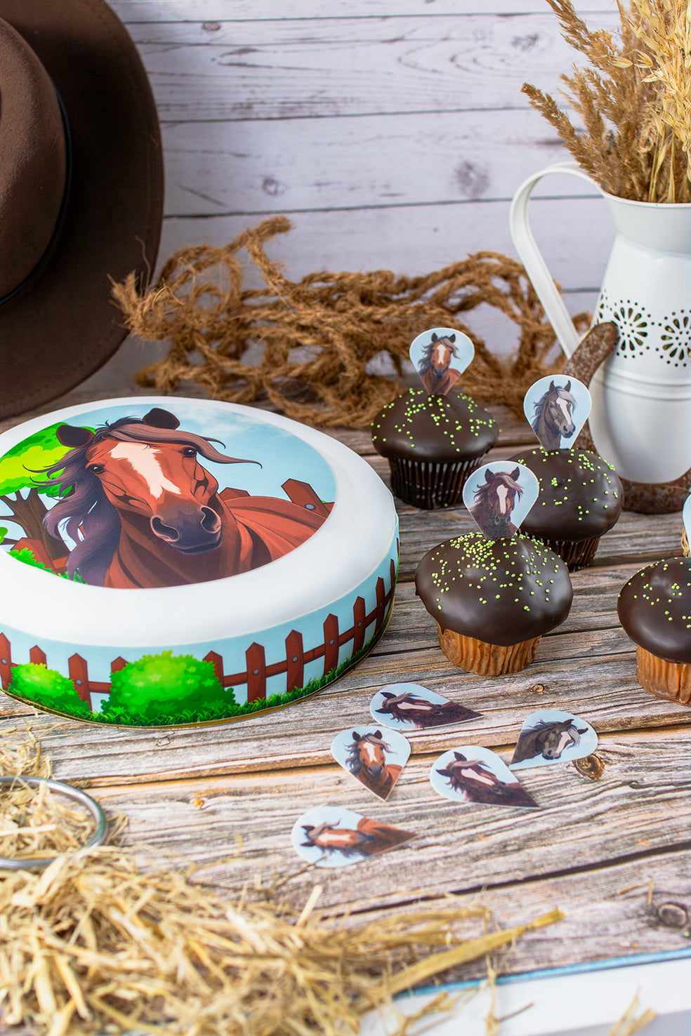 Oblaten Einstecker in Muffins mit Torte auf Holztisch