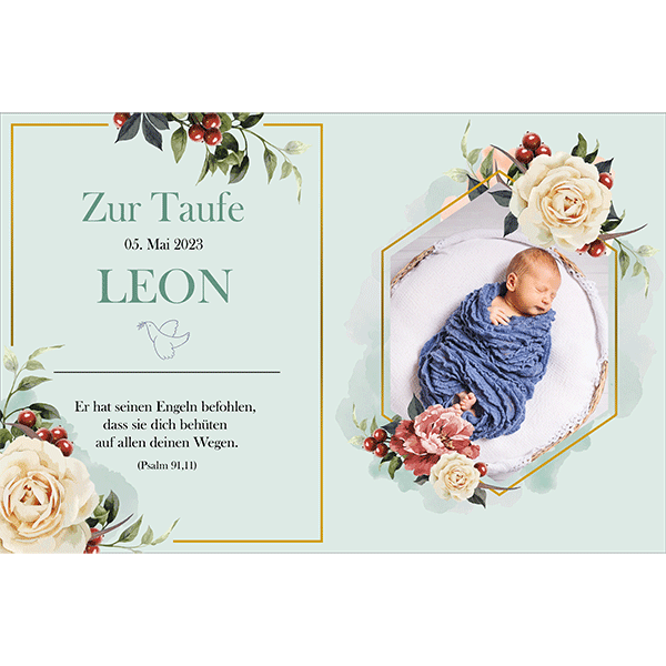 Tortenbild Taufe Rechteckig - Buchbild Blumen Mint