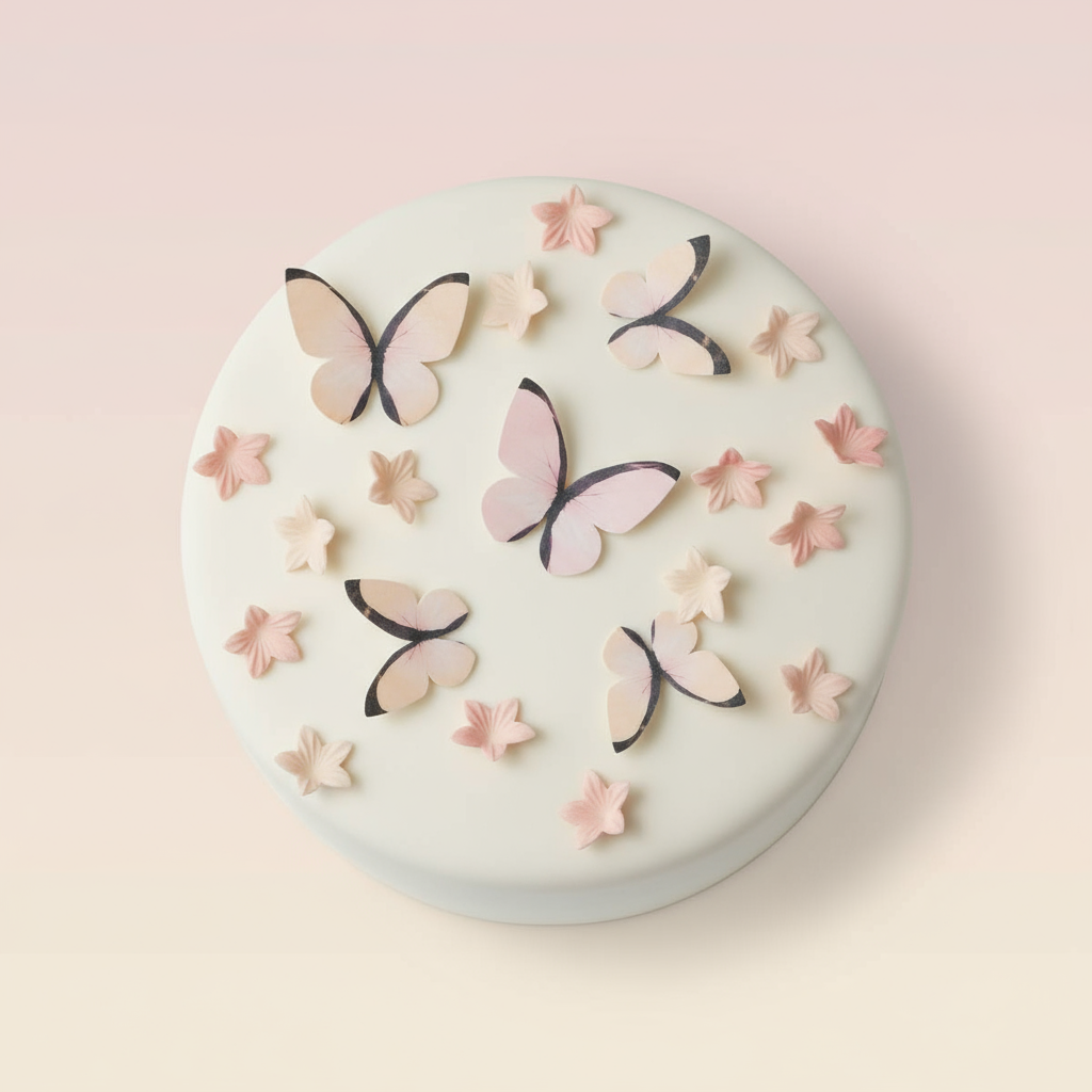 Oblaten Bumen und Schmetterlinge auf Fondant Torte