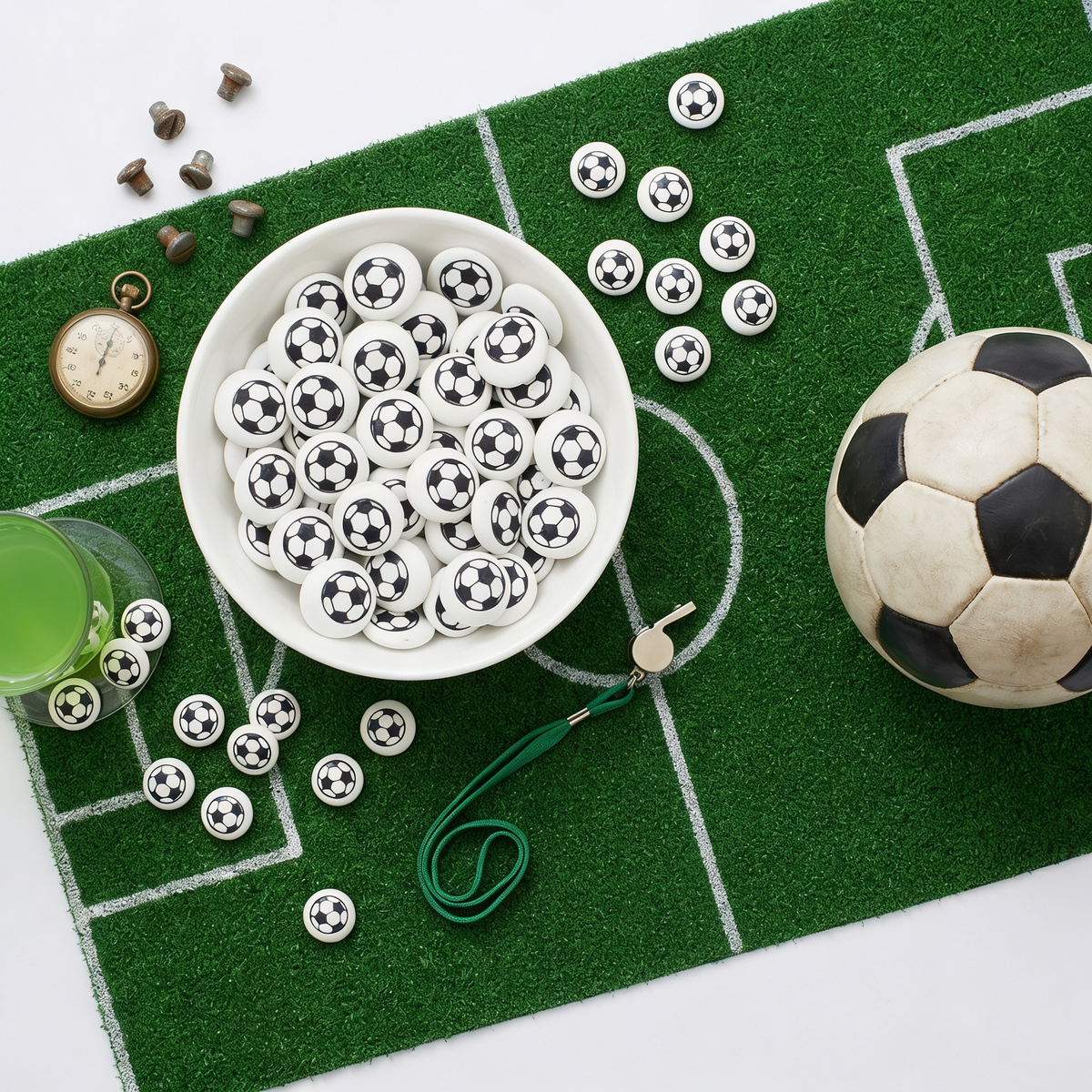 Schokolinsen Motiv Fußball in einer Schale auf einem Fußballfeld mit Ball, Pfeife und Stoppuhr