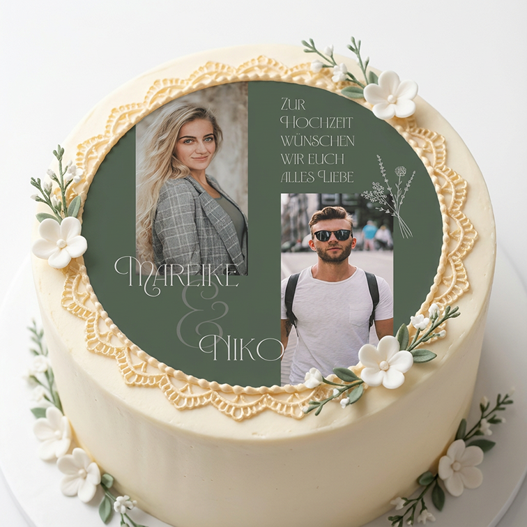 Tortenbild Hochzeit Bohemian dunkelgrün auf Torte mit Blumen und Dekoration