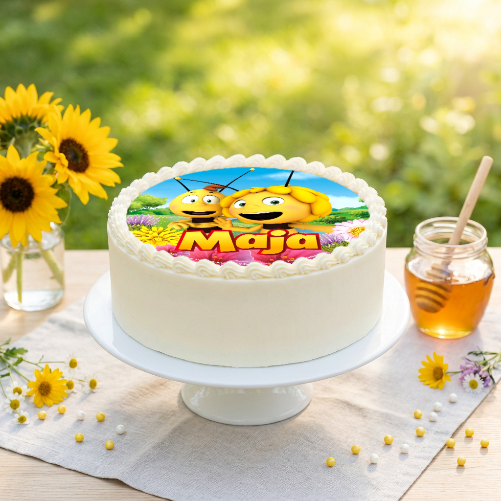 Tortenaufleger Biene Maja und Willi auf einer Buttercreme-Torte im Sommergarten