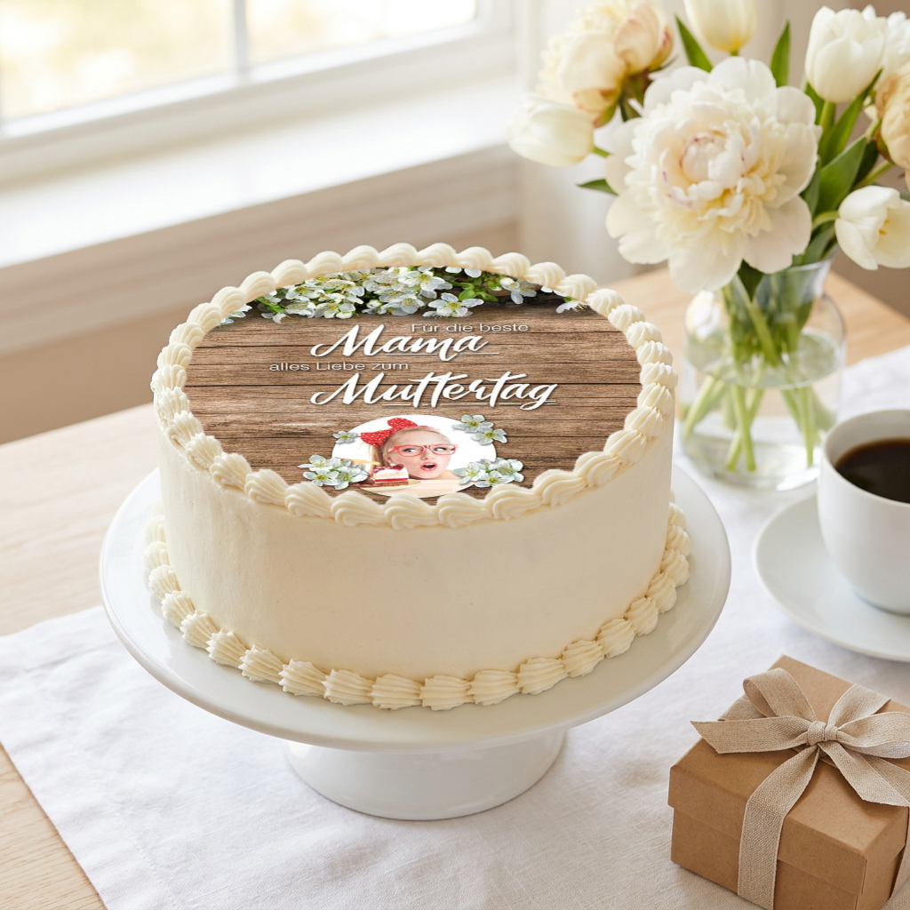 Tortenaufleger Muttertag in Holzoptik mit Schriftzug Für die beste Mama auf einer Buttercreme-Torte