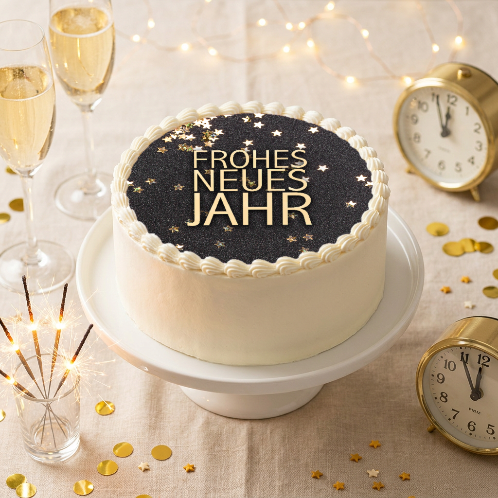 Tortenaufleger Silvester Frohes Neues Jahr mit goldenen Sternen auf einer Buttercreme-Torte
