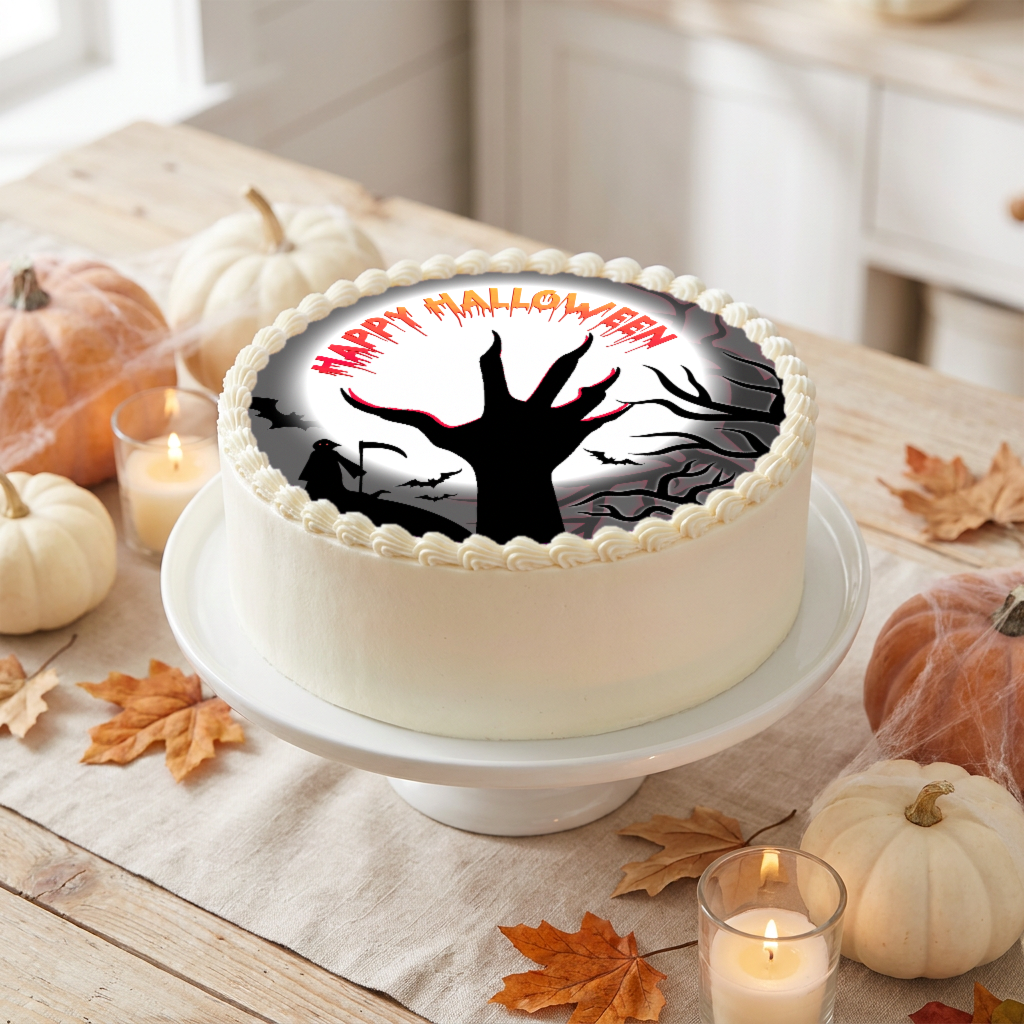 Halloween Tortenaufleger schaurige Hand mit Happy Halloween auf einer Torte zwischen Kürbissen