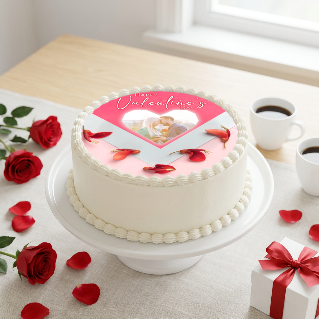 Valentinstag Tortenaufleger mit Paarfoto im Herz und Happy Valentine's Day auf einer Torte mit roten Rosen