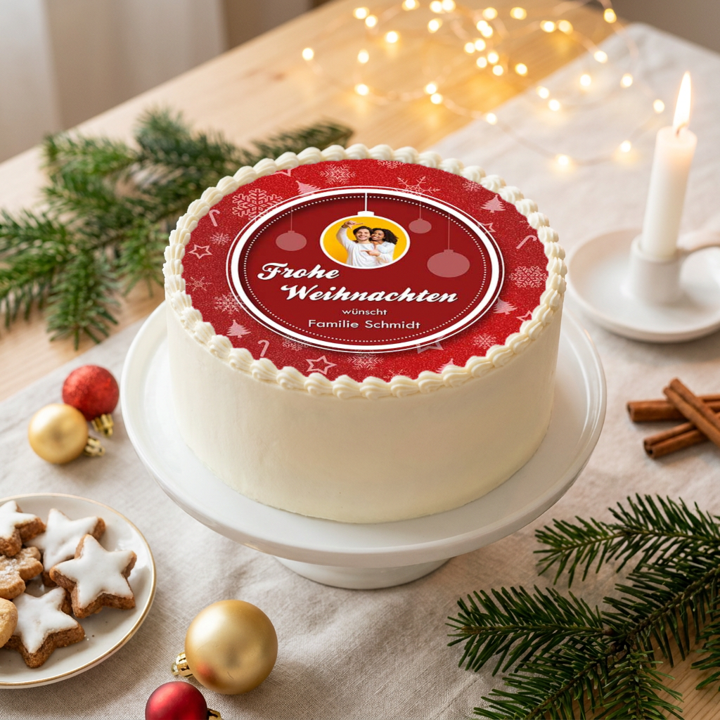 Weihnachten Tortenaufleger mit Familienfoto und Frohe Weihnachten auf einer Torte mit Tannenzweigen