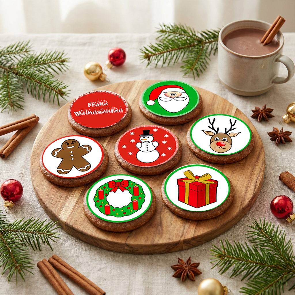 Weihnachts-Oblaten mit bunten Motiven wie Weihnachtsmann, Rentier und Schneemann auf Lebkuchen
