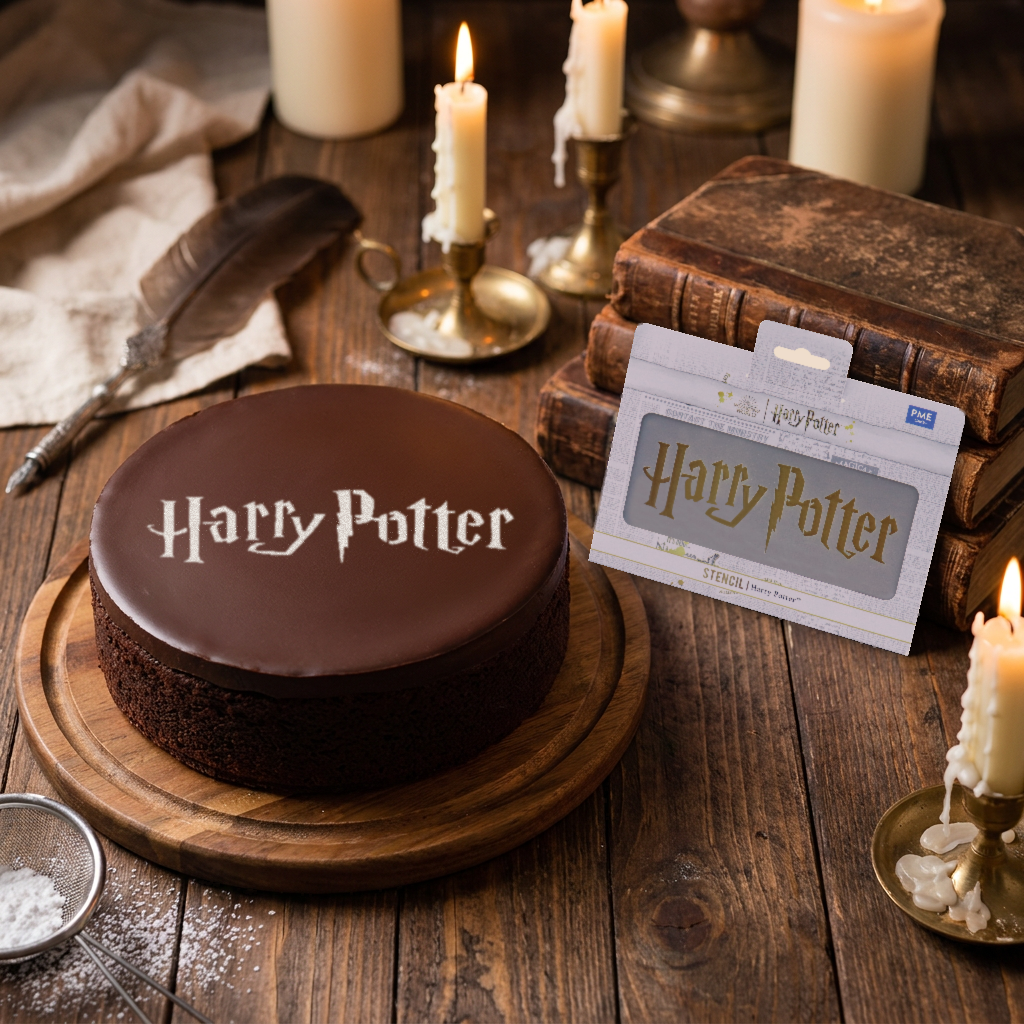 Schokoladentorte mit Harry Potter Schriftzug aus Puderzucker und Harry Potter Schablone