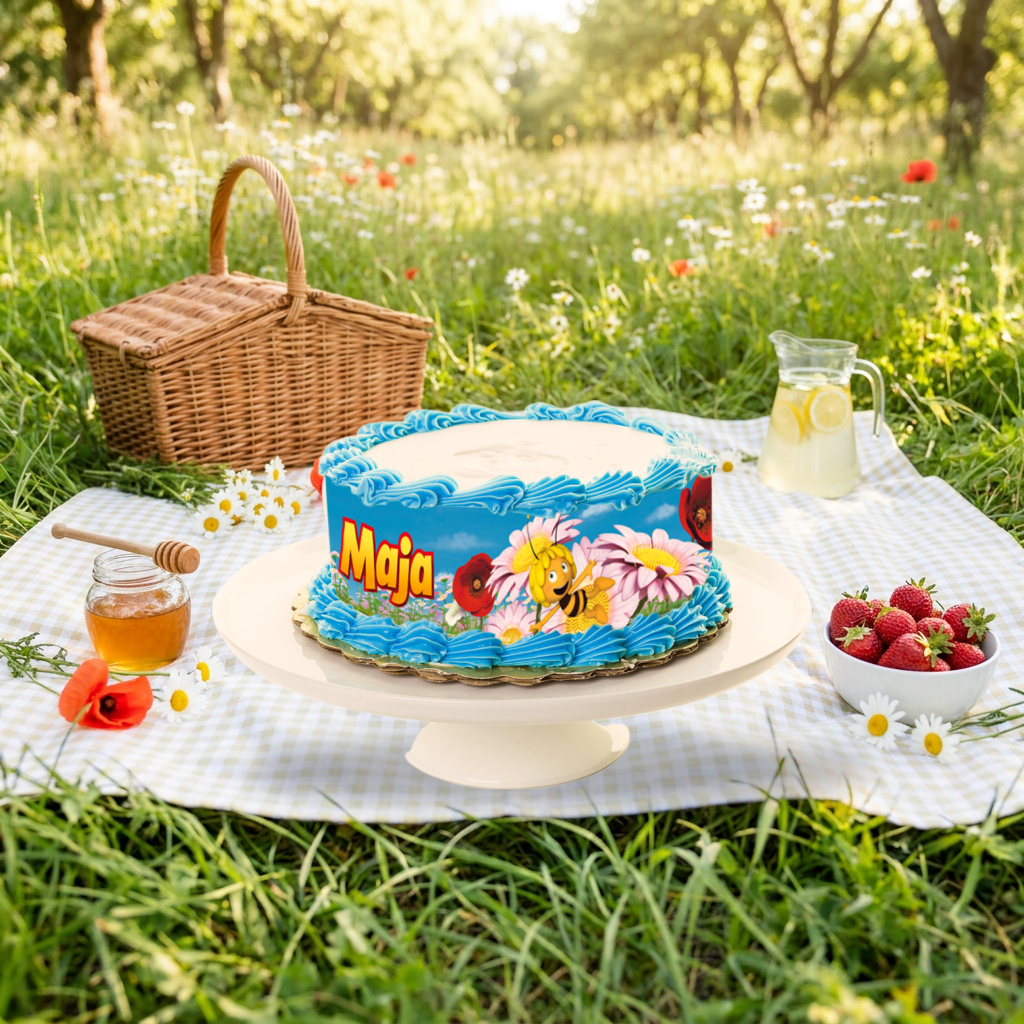 Essbares Tortenband Biene Maja Blumenwiese an einer Torte auf einer Picknickdecke