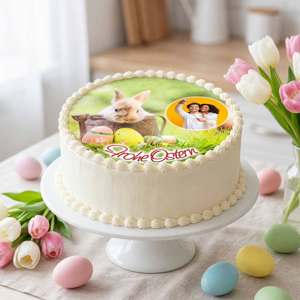 Tortenaufleger Ostern mit Osterhase und eigenem Foto auf einer Buttercreme-Torte