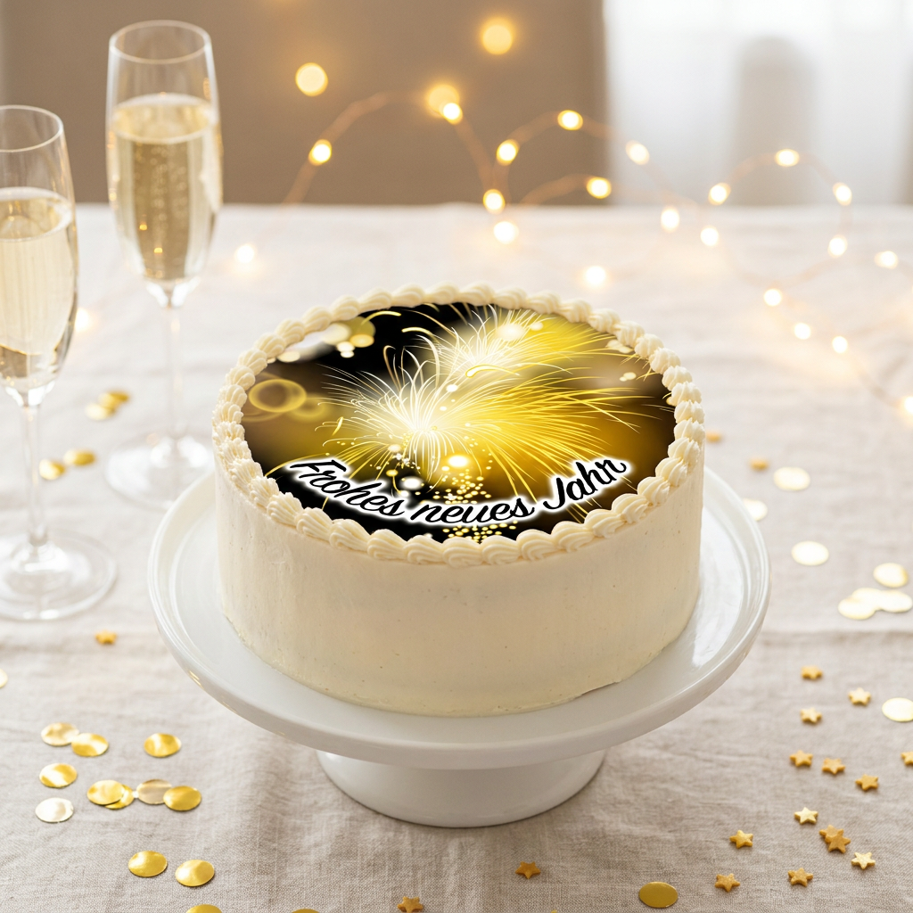 Tortenaufleger mit goldenem Feuerwerk und Schriftzug Frohes neues Jahr auf einer Buttercreme-Torte