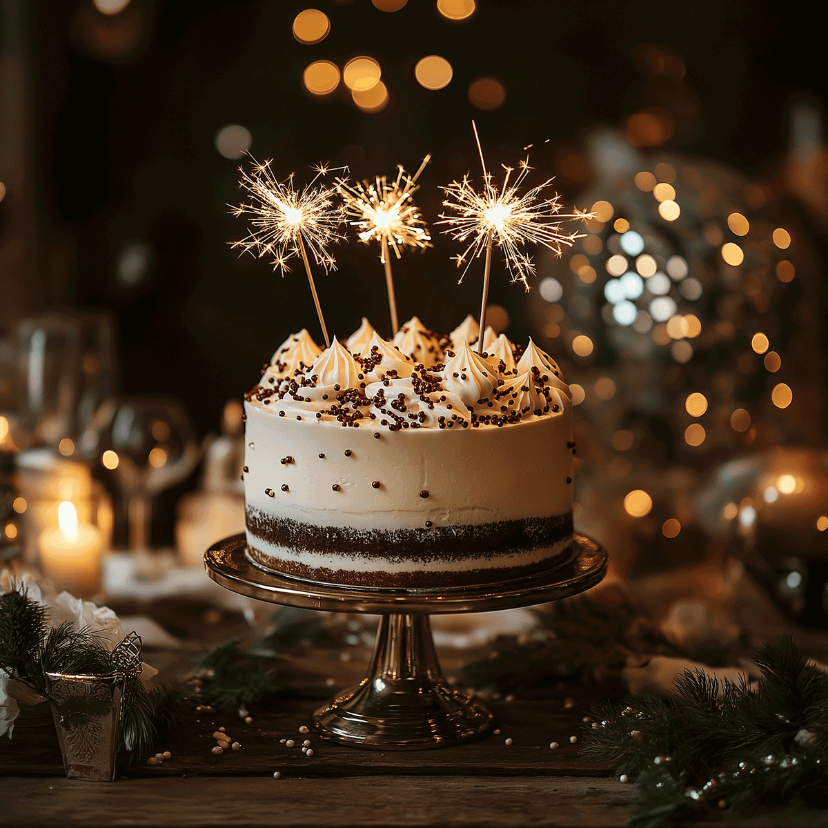 schöner Kuchen in Brauntönen für Silvester mit 3 Wunderkerzen