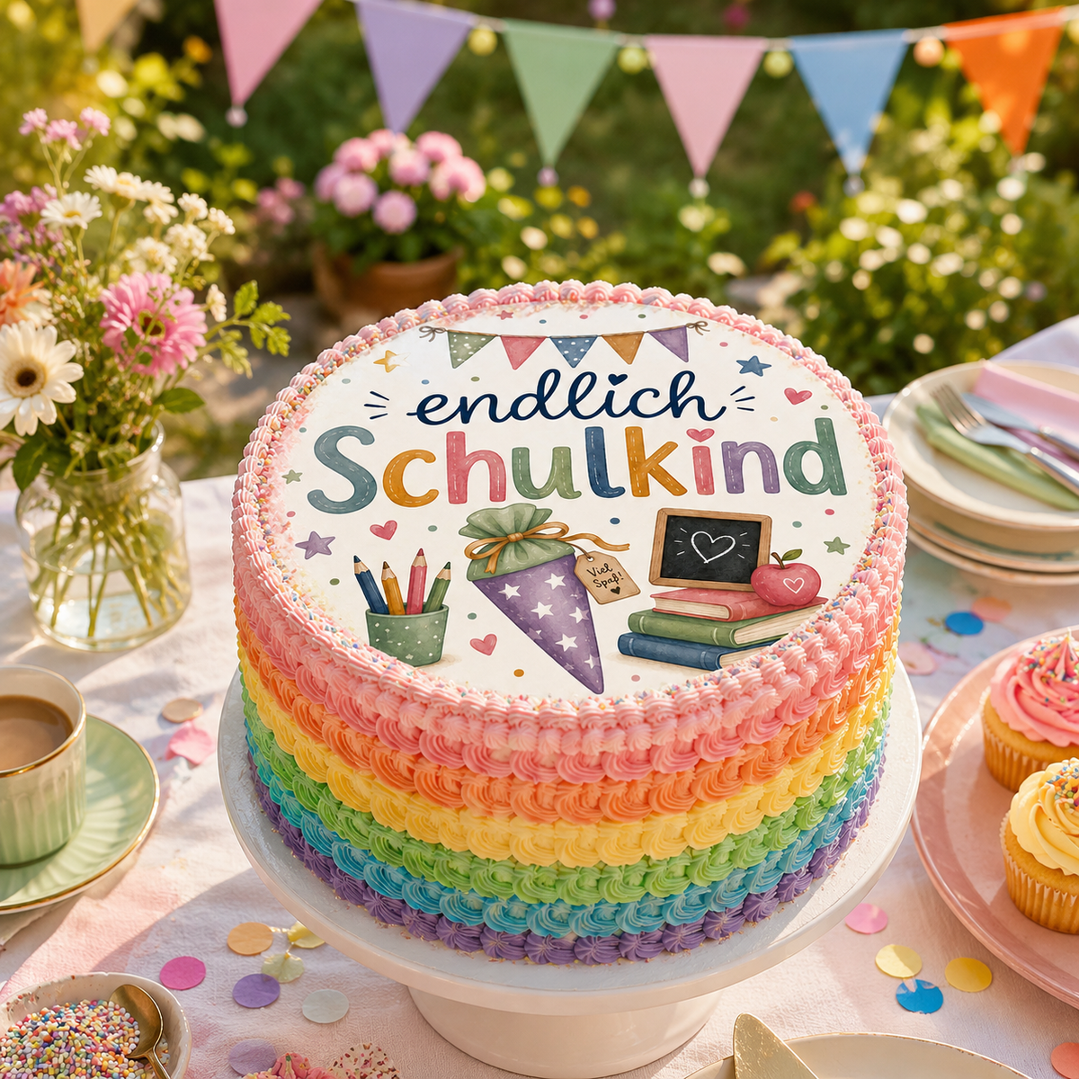 Schuleinführungstorte endlich Schulkind auf einer bunten Kaffetafel