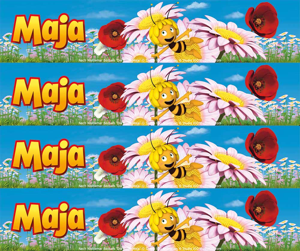 Tortenband blau mit Logo, Biene Maja und Blumen