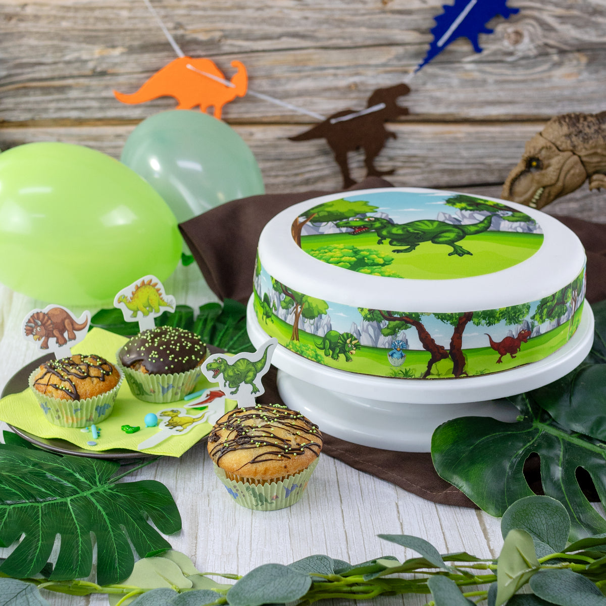 Torten-Dekor Set – Dinosaurier | Essbares Set mit Tortenband, Tortenaufleger (20 cm) & 5 Einsteckoblaten – Bild 2