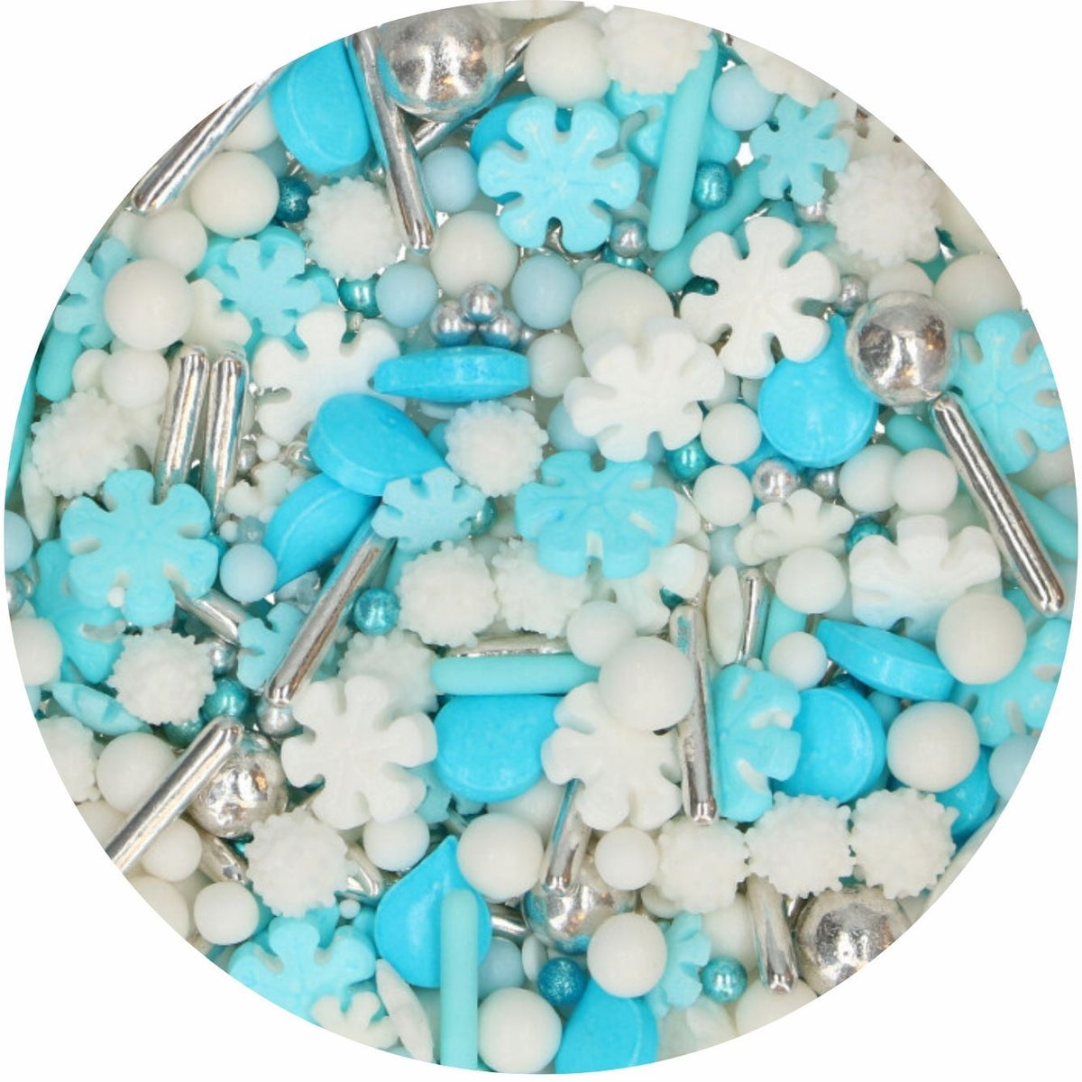 Zuckerstreuselmischung Frosty Winters blau, weiß und silber mit Schneeflocken und blauen Tropfen