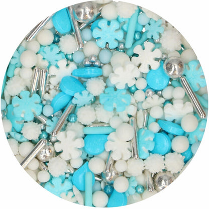 Zuckerstreuselmischung Frosty Winters blau, weiß und silber mit Schneeflocken und blauen Tropfen