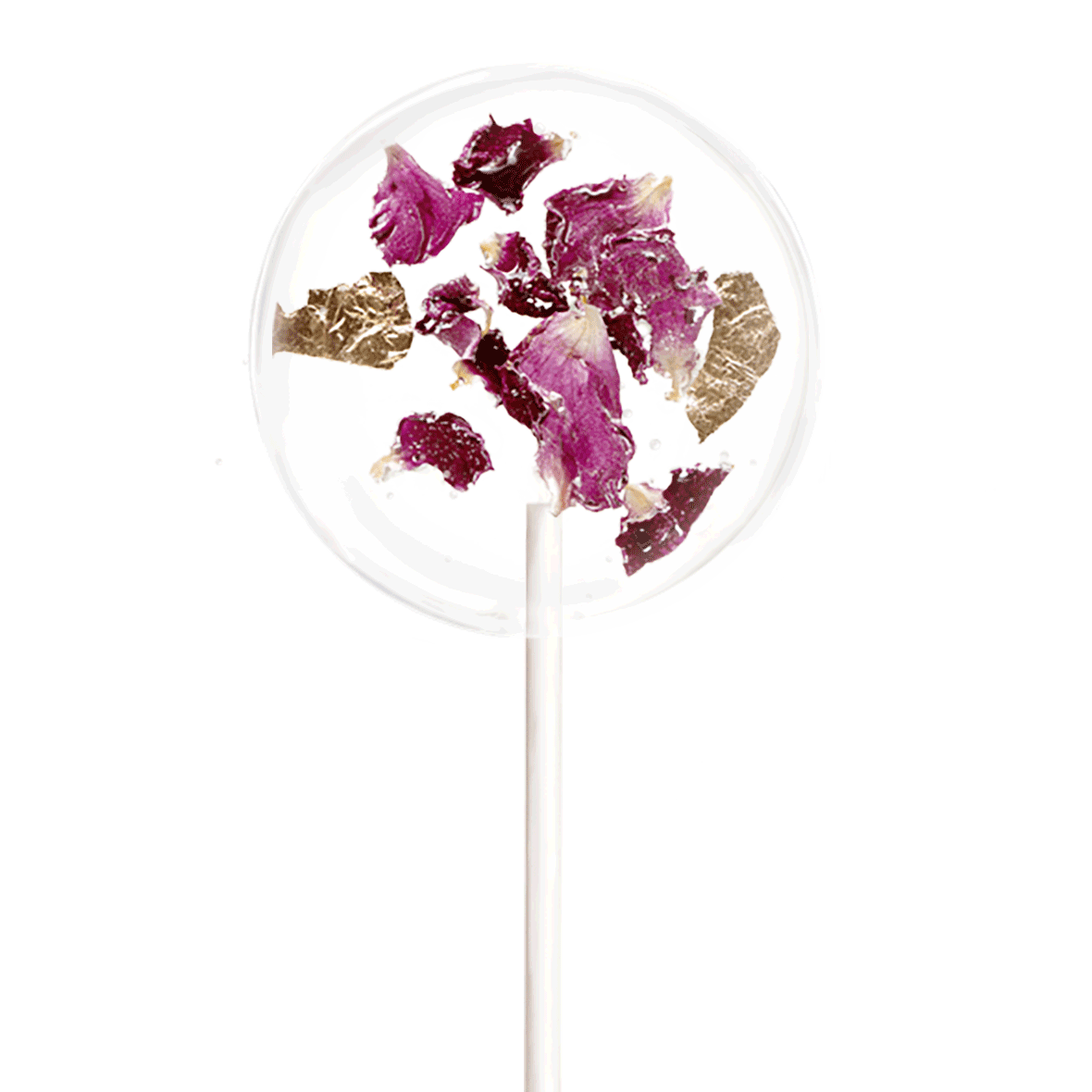 Blütenlolli Heart Attack mit Rosenblüten und Blattgold verziert