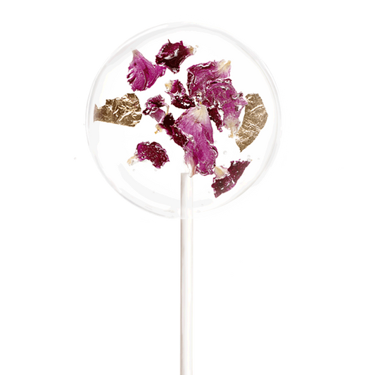 Blütenlolli Heart Attack mit Rosenblüten und Blattgold verziert