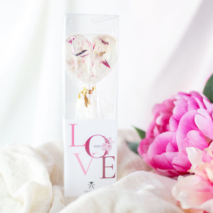 Herzblütenlolli Geschenkset Love Etikett Schachtel mit pinken Blumen