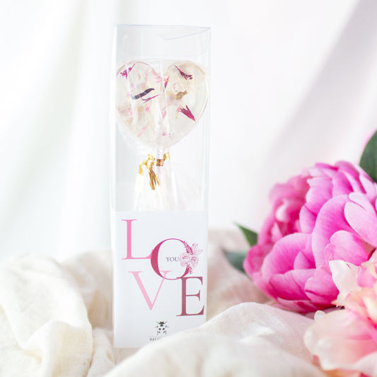 Herzblütenlolli Geschenkset Love Etikett Schachtel mit pinken Blumen