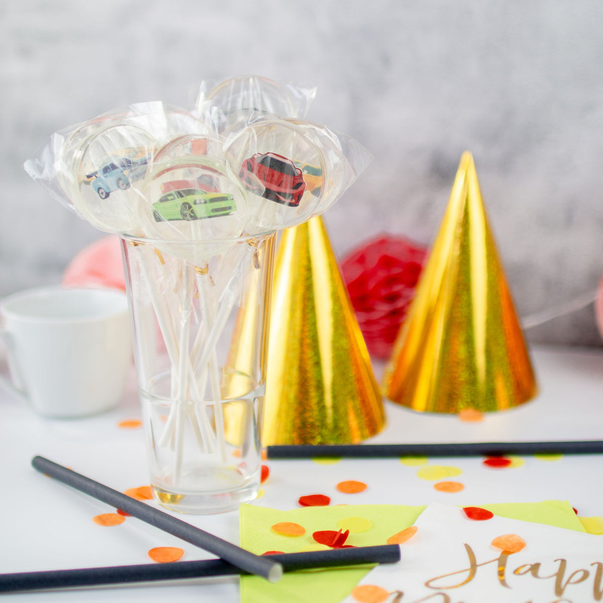 MotivLollis Autos in Glas dekoriert zum Geburtstag