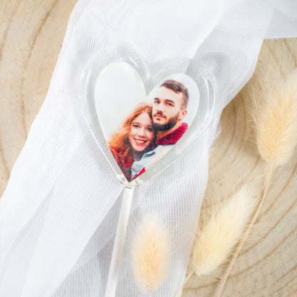 liegender Herzlolli mit Foto als Tischdekoration