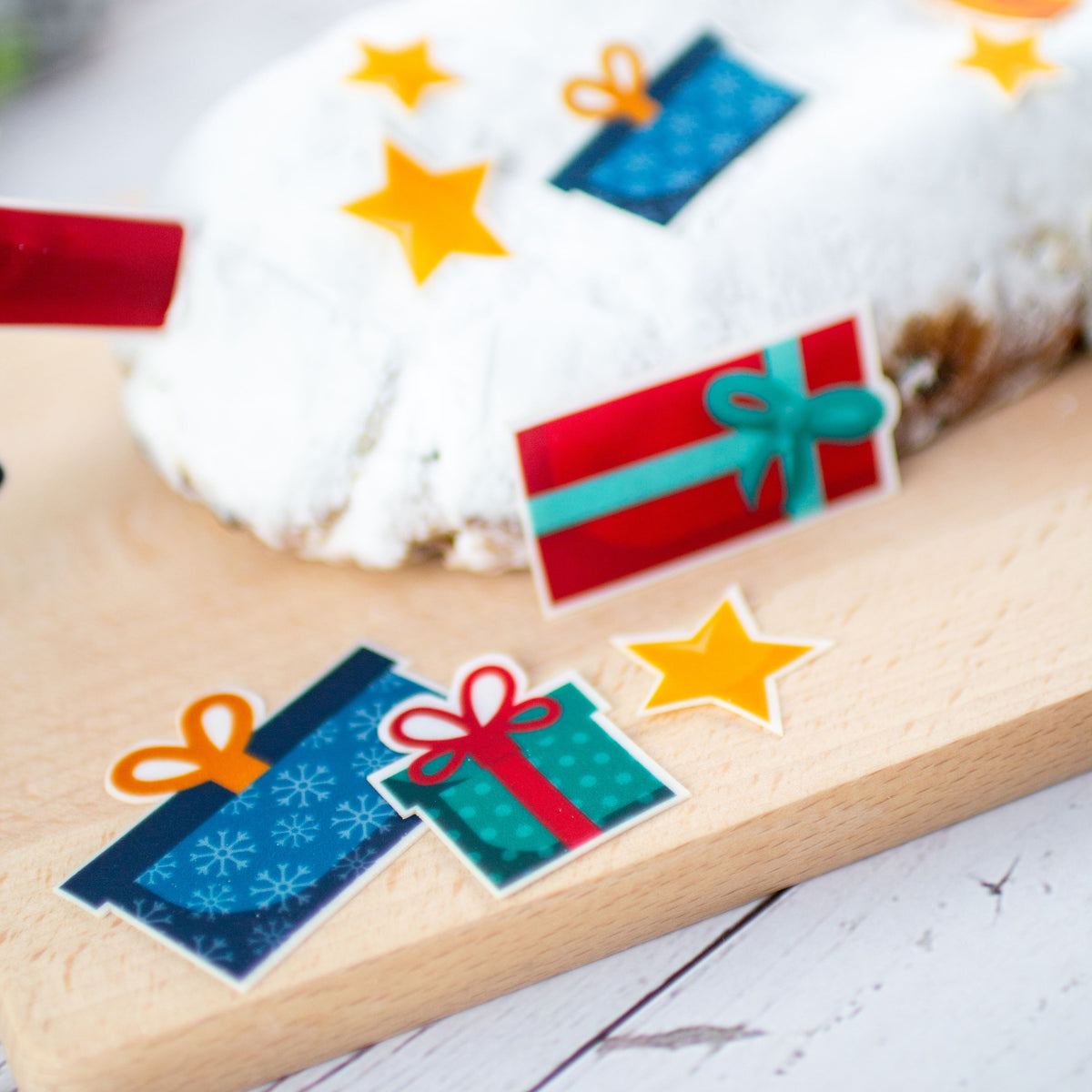 Motivoblaten Weihnachtsgeschenke vor Stollen eckige Geschenke