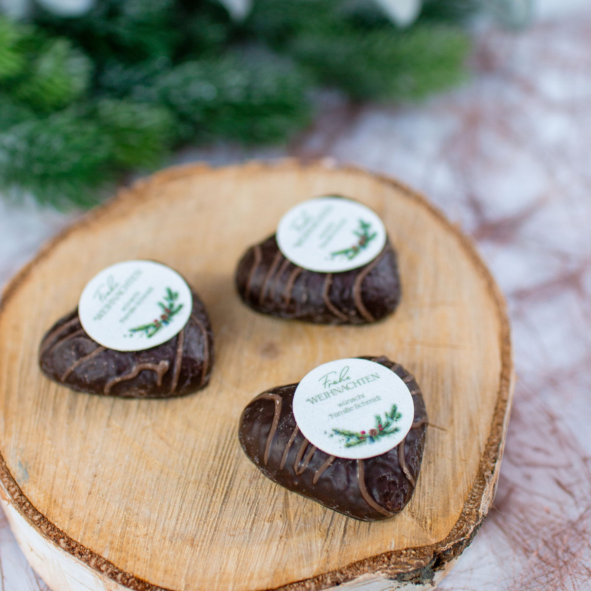 3 Lebkuchenherzen mit Motivoblate Tannengrün