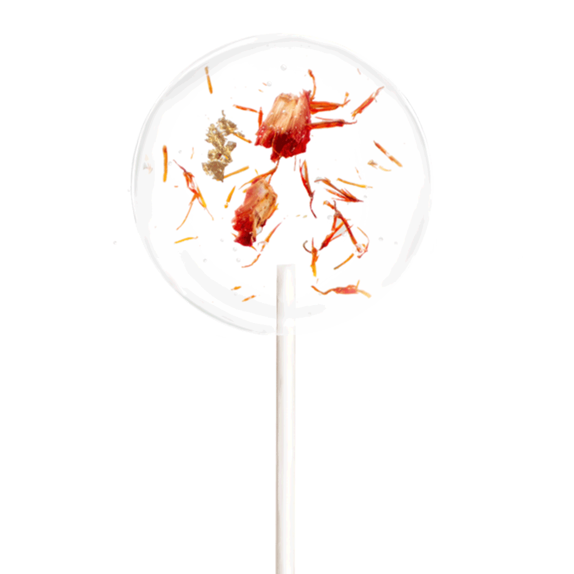 Blütenlolli Indian Summer  mit orangenen Saflor Blüten, Blattgold freigestellt