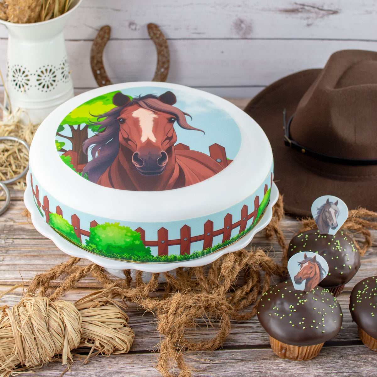Torten-Dekor Set – Pferd | Essbares Set mit Tortenband, Tortenaufleger (20 cm) & 6 Einsteckoblaten – Bild 1