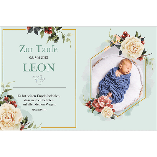 Tortenbild Taufe Rechteckig - Buchbild Blumen Mint