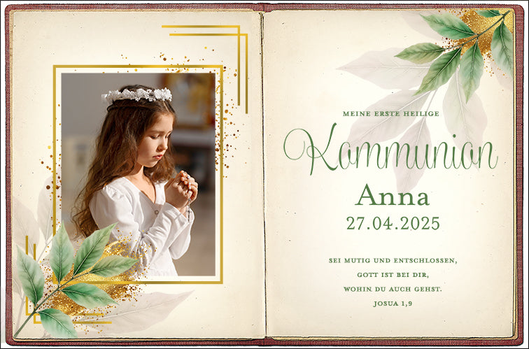 Tortenbild Kommunion - Vintage Buchdesign mit Foto & Goldakzenten – Bild 1