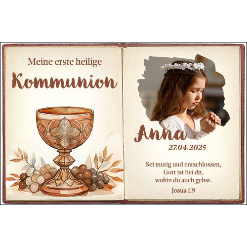 Tortenbild Kommunion - Vintage Buchdesign mit Kelch, Foto & persönlichem Text – Bild 2
