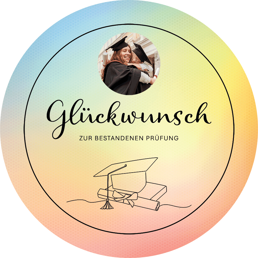 Motivtortenbild Abchluß Glückwunsch zur bestandenen Prüfung mit Foto, Hintergrund Regenbogenfarben