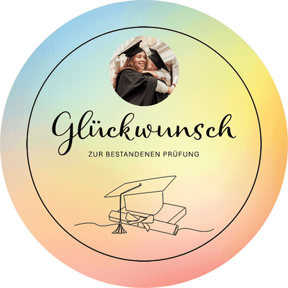 Motivtortenbild Abchluß Glückwunsch zur bestandenen Prüfung mit Foto, Hintergrund Regenbogenfarben