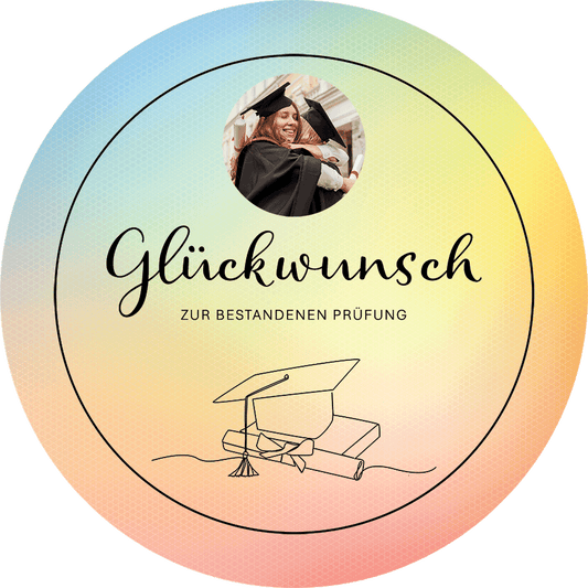 Motivtortenbild Abchluß Glückwunsch zur bestandenen Prüfung mit Foto, Hintergrund Regenbogenfarben