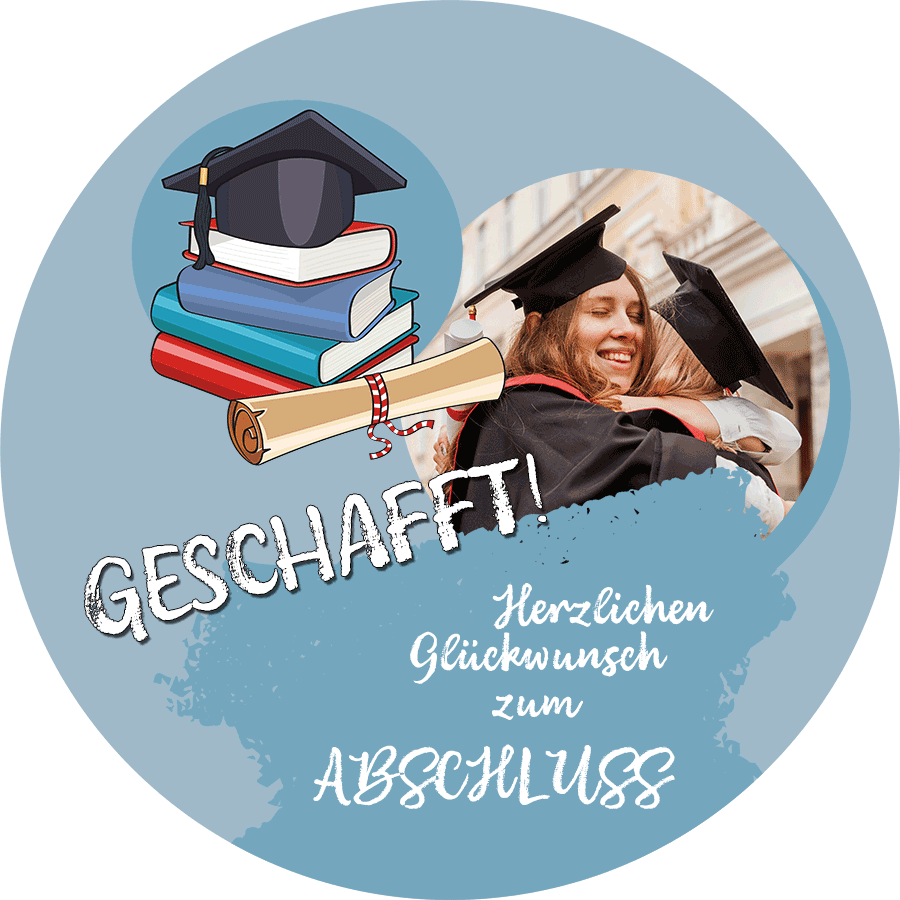 Tortenaufleger Motiv rund Abschluß geschafft blauer Hintergrund mit Foto