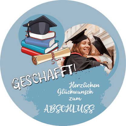 Tortenaufleger Motiv rund Abschluß geschafft blauer Hintergrund mit Foto