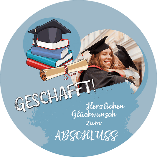 Tortenaufleger Motiv rund Abschluß geschafft blauer Hintergrund mit Foto