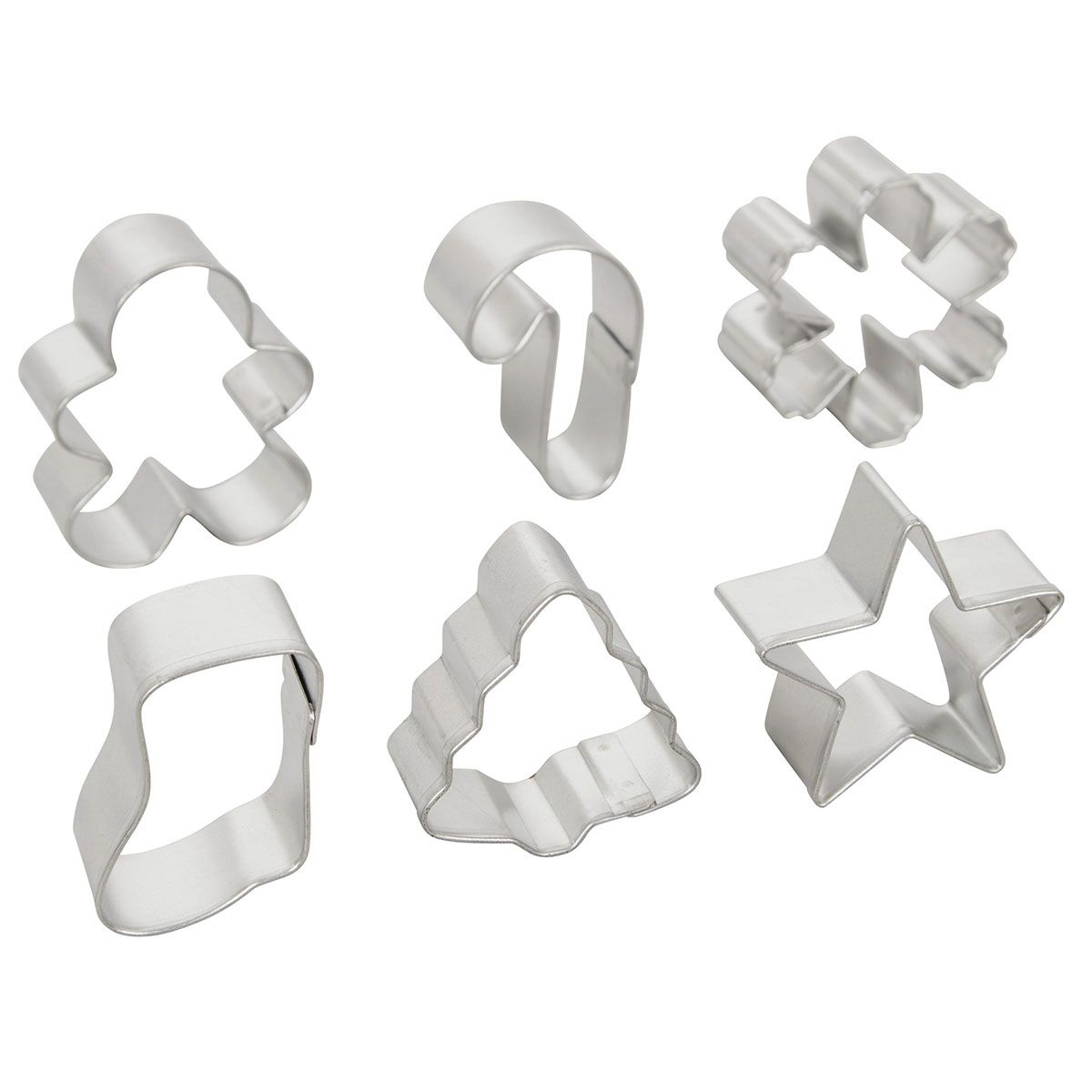 Ausstecher Set Lebkuchenmann, Steifel, Eiskristall, Zuckerstange, Baum, Stern seitlich