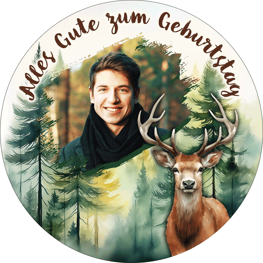 Essbarer Tortenbild Motivaufleger mit Waldhintergrund, Hirsch und individuellem Foto zum Geburtstag