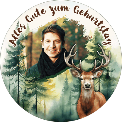 Essbarer Tortenbild Motivaufleger mit Waldhintergrund, Hirsch und individuellem Foto zum Geburtstag