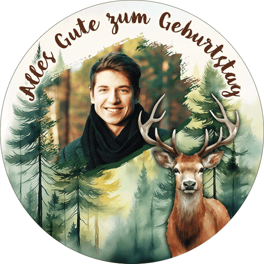 Essbarer Tortenbild Motivaufleger mit Waldhintergrund, Hirsch und individuellem Foto zum Geburtstag