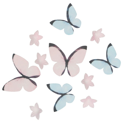 essbare Oblatendekoration Schmetterlinge und Blumen pastell rosa und blau