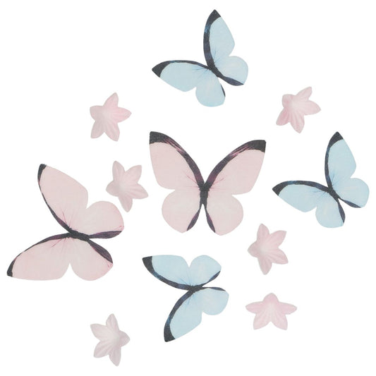 essbare Oblatendekoration Schmetterlinge und Blumen pastell rosa und blau