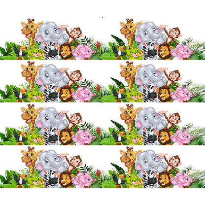 Tortenband weiß mit Elefant, Giraffe, Löwe, Zebra, Affe, Krokodil, Nilpferd, Tukan