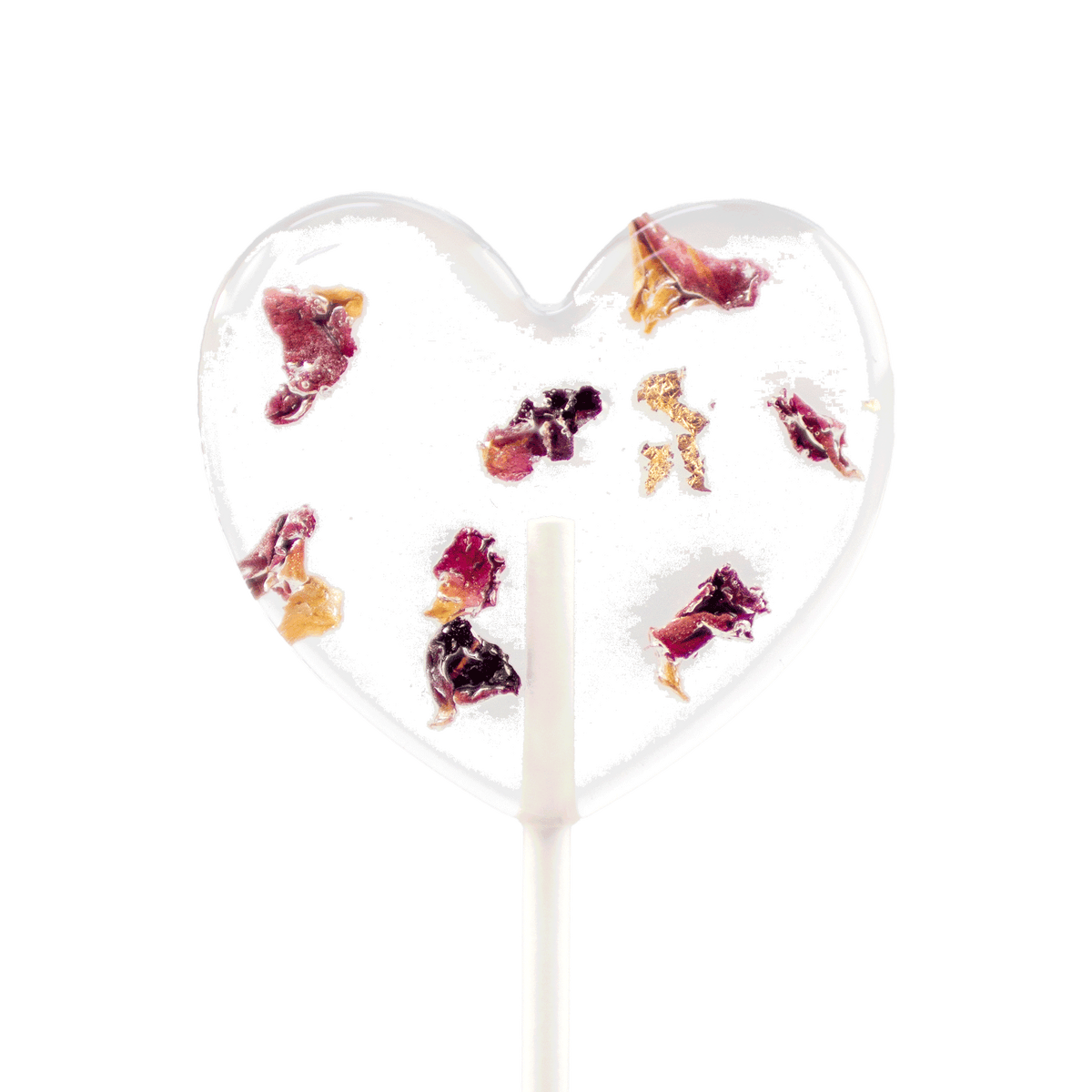 herzförmiger Blütenlolli mit roten Rosenblättern und  Blattgold Bloom Amour