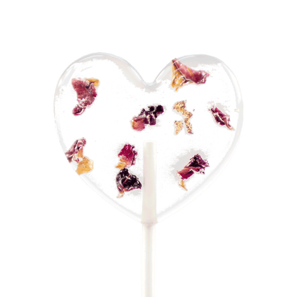 herzförmiger Blütenlolli mit roten Rosenblättern und  Blattgold Bloom Amour